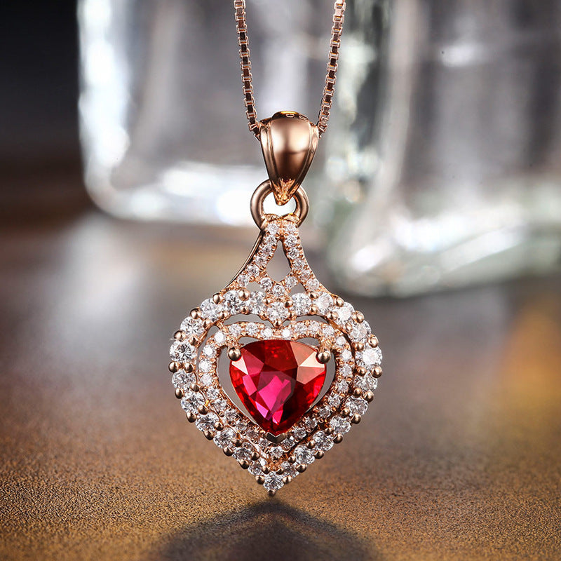 New Style Full Diamond And Micro Inlaid Colorful Gemstone Love Heart Pendant Luxury Simulation Diamond Ruby Necklace Jewelry Female