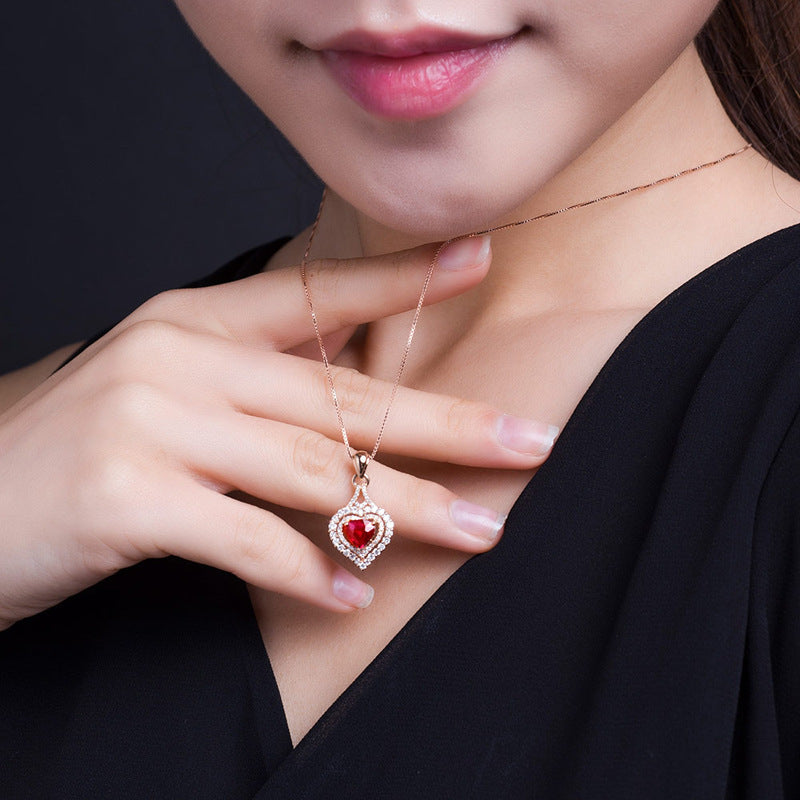 New Style Full Diamond And Micro Inlaid Colorful Gemstone Love Heart Pendant Luxury Simulation Diamond Ruby Necklace Jewelry Female