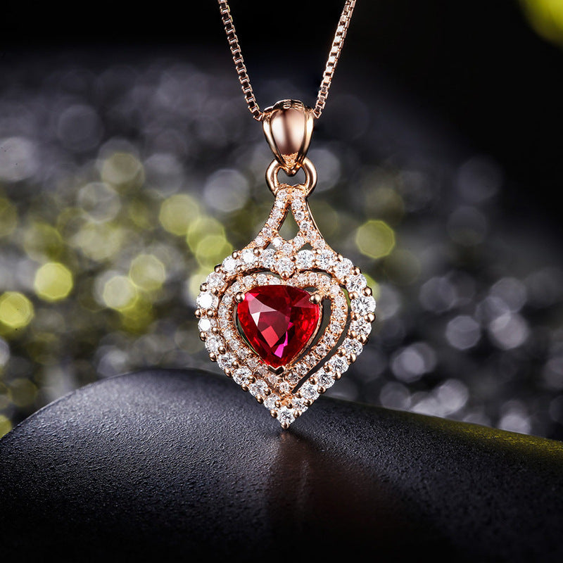 New Style Full Diamond And Micro Inlaid Colorful Gemstone Love Heart Pendant Luxury Simulation Diamond Ruby Necklace Jewelry Female