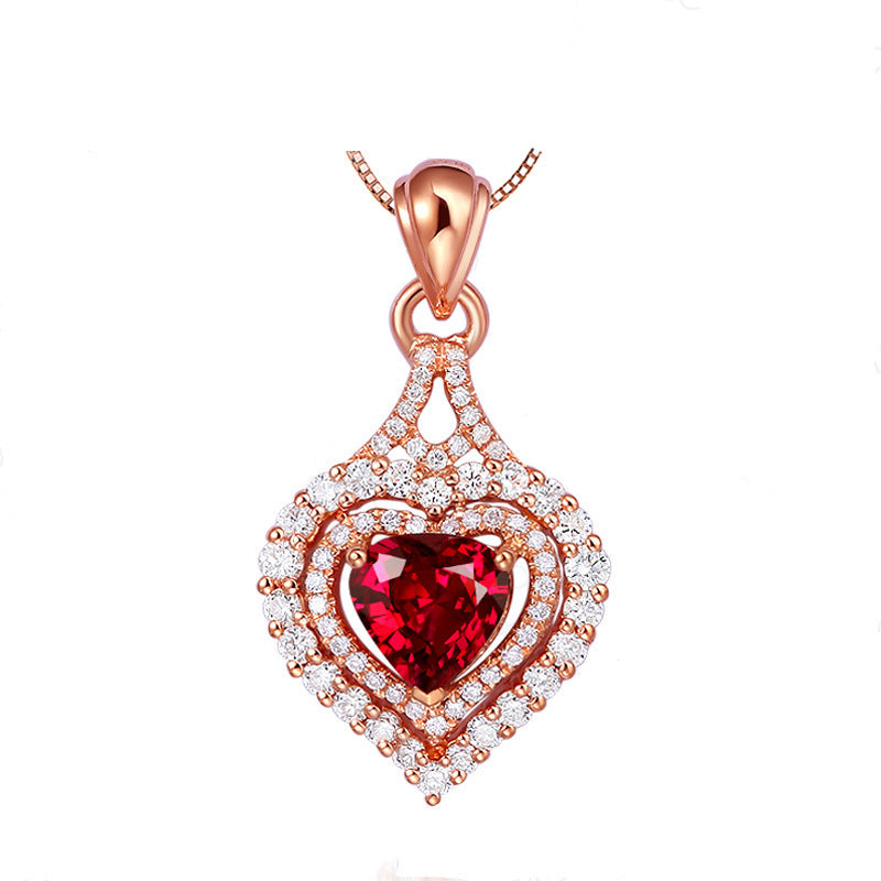 New Style Full Diamond And Micro Inlaid Colorful Gemstone Love Heart Pendant Luxury Simulation Diamond Ruby Necklace Jewelry Female