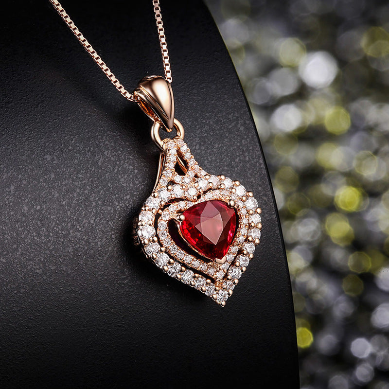 New Style Full Diamond And Micro Inlaid Colorful Gemstone Love Heart Pendant Luxury Simulation Diamond Ruby Necklace Jewelry Female